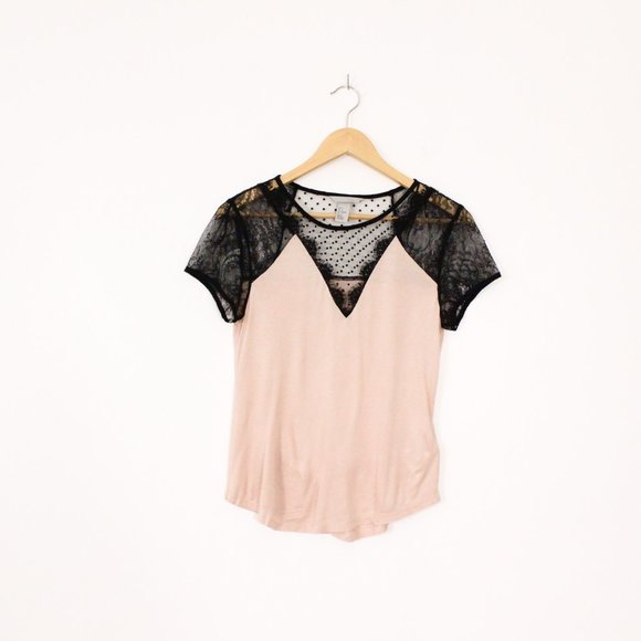 *H&M Blush Pink and Black Lace V Neck T Shirt Blouse - Picture 2 of 4